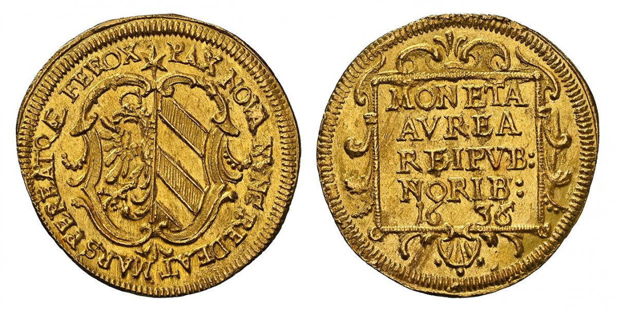 World Coins ("GERMAN STATES. Nürnberg. 1636 (b) AV Ducat. NGC MS65.  3.47gm. Ornate arms / 4-line inscription in ornate square frame. KM 136; Fr.-1828.

Please use this link to verify the NGC certification number <a href=""https://www.ngccoin.com/certlookup/5781549-01)