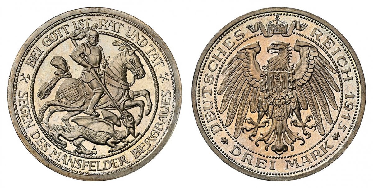 World Coins ("GERMAN STATES. Prussia. Wilhelm II. 1915-A AR 3 Mark. NGC PR68 Cameo.  Berlin. Edge: GOTT MIT UNS. St. George slaying the dragon / Crowned imperial eagle with shield on breast. KM 539. Proof; Jaeger 115.

Struck for the Centenary of the Absorption of Man)