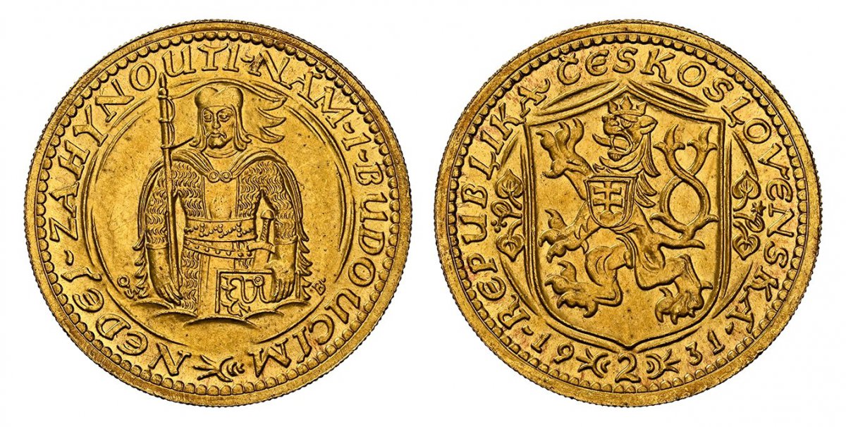 World Coins ("CZECHOSLOVAKIA. Republic. (1918-1939). 1931 AV 2 Dukaty. NGC MS66. By J. Benda (Obv.) & O. Spaniel (Rev.). Edge: Milled. Czech lion with Slovak shield, denomination divides date below / Duke Wenceslas (Vaclav) half-length figure facing. KM 9; Fr.-1; Nov)