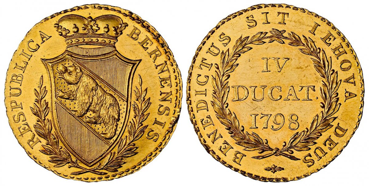 World Coins ("SWISS CANTONS. Bern. 1798 AV 4 Ducats. NGC MS63+ PL (Prooflike).  13.76gm. BERNENSIS RESPUBLICA. Crowned, spade arms of Bern within sprigs / BENEDICTUS SIT IEHOVA DEUS. Value, date within wreath. KM 155.2; Fr.-177; Lohner 60; D.T. 473b; HMZ 2-209l.

Plea)