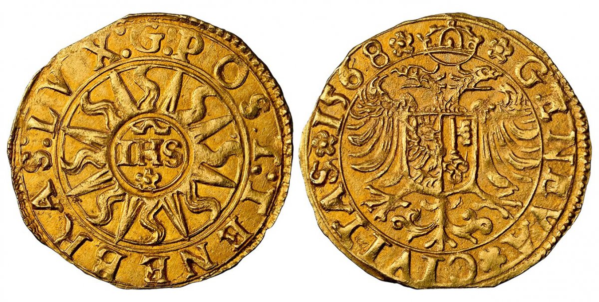 World Coins ("SWISS CANTONS. Geneva. 1568 AV Ecu-Pistolet. NGC MS64.  3.31gm. * GENEVA * CIVITAS *. Crowned imperial eagle with shield on breast / POST: TENEBRAS: LUX: G:. IHS in rayed circle. Fr.-249; Demole 514; HMZ 2-293g.

Please use this link to verify the NGC ce)