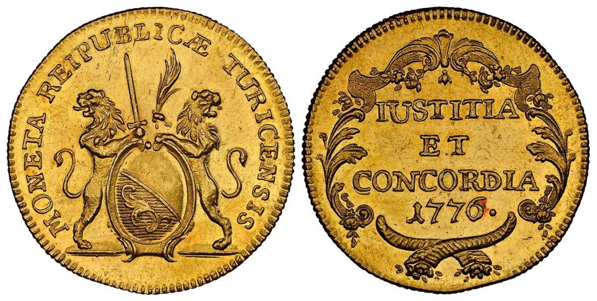 World Coins ("SWISS CANTONS. Zurich. 1776 AV 2 Ducats. NGC MS64.  MONETA REIPUBLICÆ TURICENSIS. Oval arms of Zurich supported by rampant lions / IUSTITIA / ET / CONCORDIA. Inscription, date above crossed cornucopias within ornamental spigs. KM 165; Fr.-485b; D./T. 403)