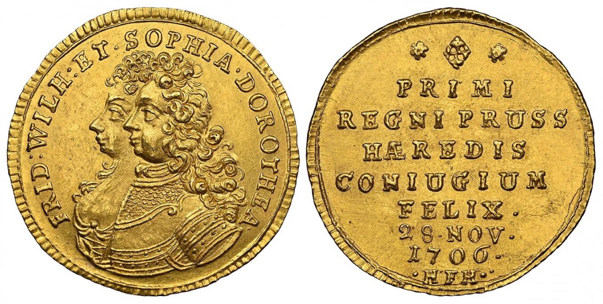 World Coins ("GERMAN STATES. Prussia. Friedrich I. (King, 1688-1713). 1706 HFH (Heinrich Friedrich Halter, mintmaster) AV Ducat. NGC MS65.  Magdeburg. 3.47gm. FRID · WILH · ET · SOPHIA · DOROTHEA. Conjoioned busts left / Inscription, date. KM 71; Fr.-2314; Schrötter 4)