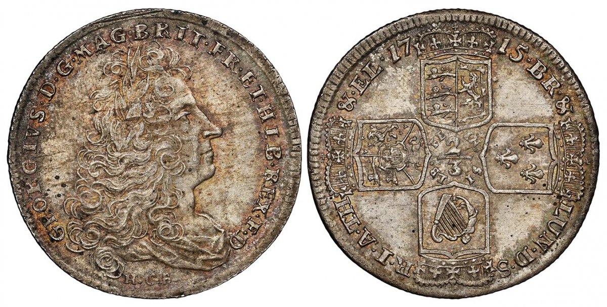 World Coins ("GERMAN STATES. Brunswick-Luneburg-Calenberg-Hannover. George Ludwig. 1715 HCB AR 2/3 Thaler, Gulden. NGC MS65.  GEORGIVS · D · G · MAG · BRIT · FR · & HIB · REX · F · D ·. Head right / Crowned shield in cruciform, value at center. KM 100; Dav.-425; Smith)