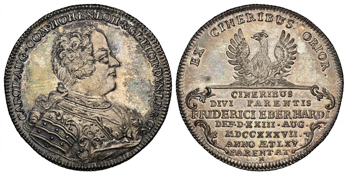 World Coins ("GERMAN STATES. Hohenlohe-Kirchberg. Friedrich Eberhard. MDCCXXXVII (1737) W-N AR Thaler. NGC MS64+.  By Peter Paul Werner. Nürnberg. 29.12gm. CAROL · AUG · COM · HOHENLOH · & GLEICH · DYN · LB: & CR ·. Armored bust right / EX CINERIBUS ORIOR, CINERIBUS /)