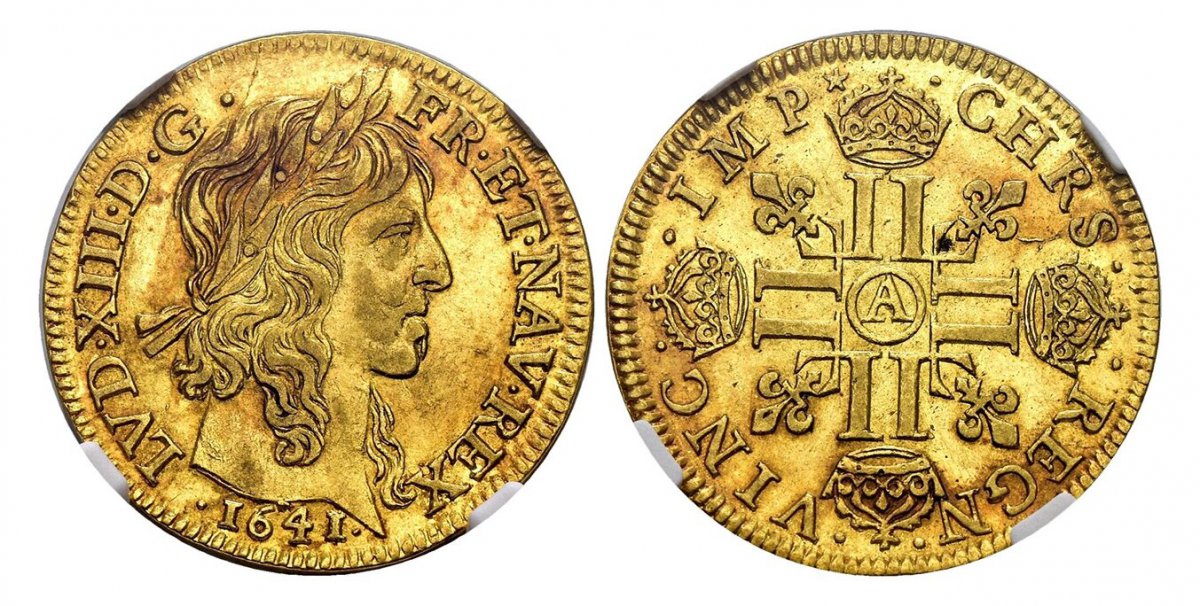 World Coins ("FRANCE. Louis XIII. 1641-A AV Louis dOr. NGC AU55. Paris. Laureate head with long curl / · CHRS · · REGN · · VINC · · IMP ·. Crowned double LL in cruciform; a lis in each angle and mint mark within circle in middle. KM 104; Fr.-410; Gad.-58 (Star af)