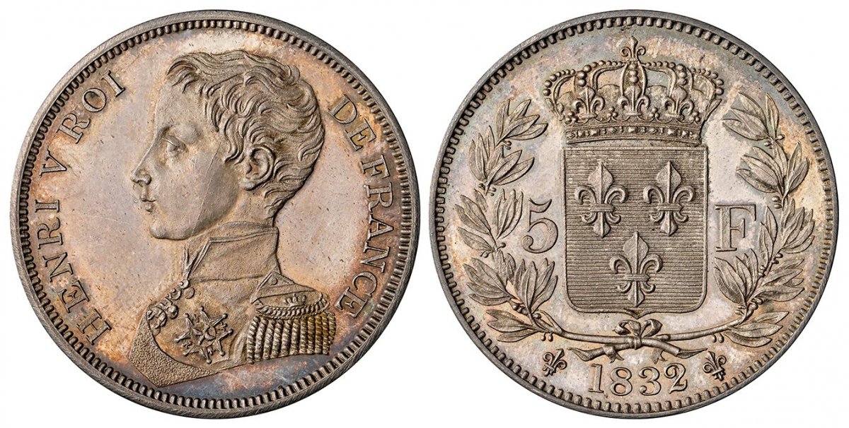 World Coins ("FRANCE. Henri V. 1832 AR Essai 5 Francs. NGC MS64. Edge: Lettered. 24.04gm. HENRI V ROI - DE FRANCE. Uniformed bust, left, signed G.C. / 5 - F // (lis) 1832 (lis). Crowned shield divides denomination to either side, all within wreath. KM X-35; Mazzard 9)