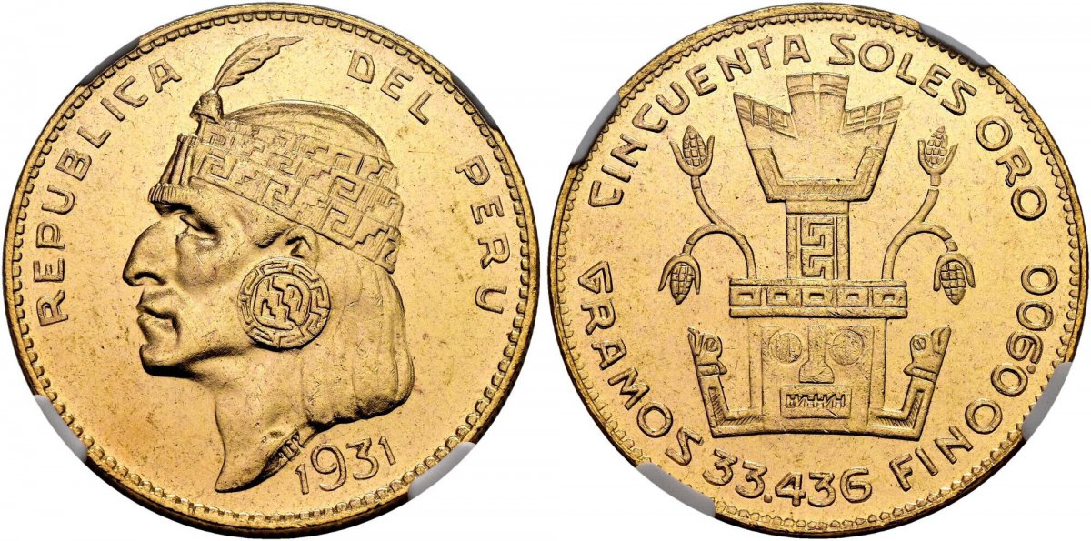 World Coins ("PERU. 1931 AV 50 Soles. NGC MS64.  Head with headdress left / Sculpture. KM 219; Fr.-77.

From a reported mintage of 5,538 pieces.

Please use this link to verify the NGC certification number <a href=""https://www.ngccoin.com/certlookup/4667829-001/64/"")