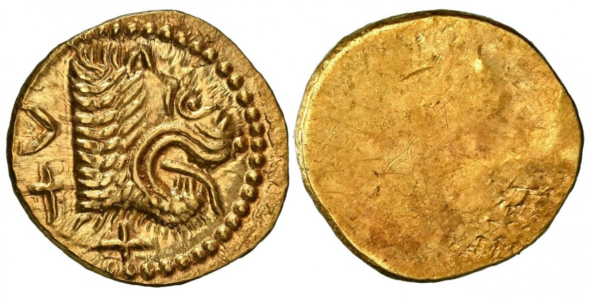 World Coins ("ROMAN REPUBLICAN. ETRURIA. Populonia. Struck circa 300-250 BC. AV 25 Asses. NGC Ch. MS (Choice Mint State) Strike 5/5 Surface 4/5.  12mm. 1.35gm. ??V (retrograde). Lions head with tongue protruding, right / (Blank). Vecchi, Etruscan Coinage Serie 21, O1)