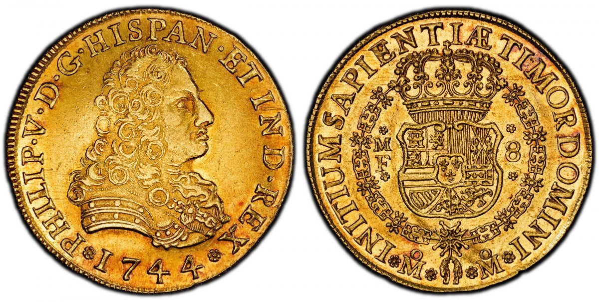 World Coins ("MEXICO. Philip V. 1744-Mo MF AV 8 Escudos. PCGS AU55.  Mexico City. 27.03gm. PHILIP · V · D · G · HISPAN · ET  IND · REX. Large, armored bust right / INITIUM SAPIENTIAE TIMOR DOMINI. Crowned shield flanked by M F 8 in order chain. KM 148; Fr.-8; C./C./T.)