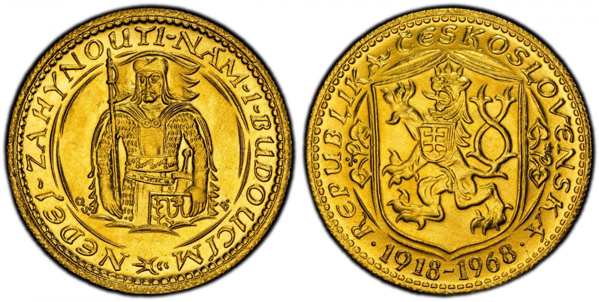 World Coins ("CZECHOSLOVAKIA. Republic. (1918-1939). 1968 AV Medallic Ducat. PCGS MS67. By J. Benda (Obv.) and O. Spaniel (Rev.). Stuttgart. Edge: Milled. 3.50gm. Czech lion with Slovak shield, date below / Duke Wenceslas (Vaclav) half-length figure facing. cf. KM 8;)