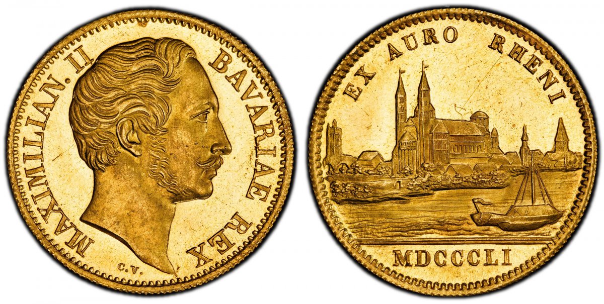 World Coins ("GERMAN STATES. Bavaria. Maximilian II. MDCCCLI (1851) AV Ducat. PCGS MS63PL (Prooflike).  3.49gm. MAXIMILIAN II BAVARIAE REX. Head right / EX AURO RHENI. Rhine river before city view. KM 841; Fr.-278; Jaeger 128; D./S. 35; S.-113.

Please use this link t)