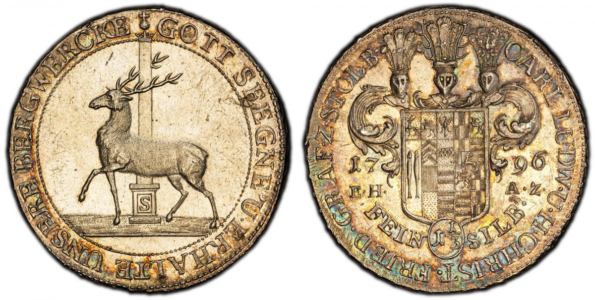World Coins ("GERMAN STATES. Stolberg-Stolberg. Karl Ludwig and Heinrich Christian Friedrich. 1796 EHAZ AR 1-1/3 Thaler. PCGS MS64.  26.06gm. CARL LUDW • U • H • CHRIST • FRIED • GRAF • Z • STOLB •, FEIN (11/2) SILB •. Manifold arms divide date and mintmasters initia)