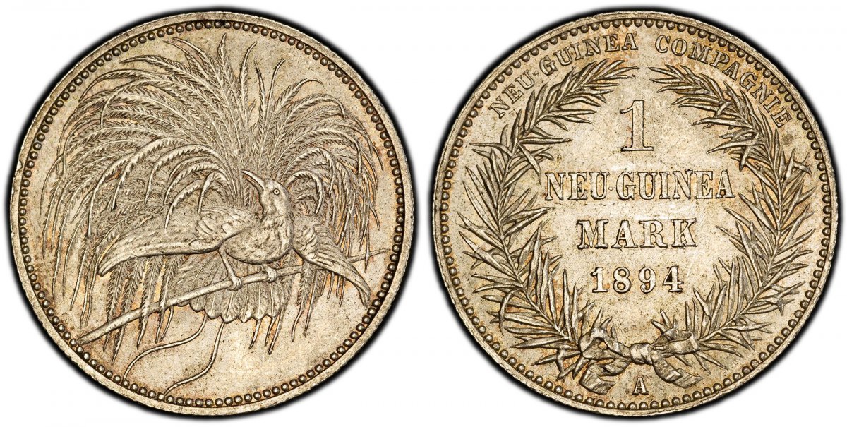 World Coins ("GERMAN NEW GUINEA. 1894-A AR Mark. PCGS MS65+.  Berlin. Denomination and date in palm wreath / Bird of Paradise. KM 5; Jaeger 705.

Please use this link to verify the PCGS certification number <a href=""http://www.pcgs.com/cert/56228467/""56228467</a 
)
