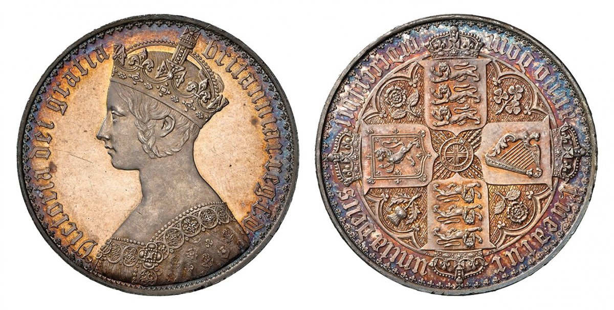 World Coins ("GREAT BRITAIN. Victoria. 1847 AR Crown. NGC PR64 Cameo.  Royal Mint. Edge: UN DECIMO. VICTORIA DEI GRATIA BRITANNIAR. REG: F:D. Crowned bust left / TUEATUR UNITA DEUS, ANNO DOM MDCCCXLVII. Crowned shields of England, Scotland and Ireland in cross formati)