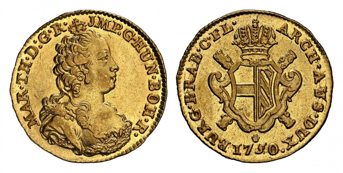 World Coins ("AUSTRIAN NETHERLANDS. Maria Theresa. 1750-(hand) R AV Souverain dOr. NGC AU55. By Jacques Roëttiers. Antwerp. 22mm. 5.54gm. MAR · TH · D · G · R · IMP · G · HUN · BOH · R ·. Bust with décolletage right / ARCH · AUS · DUX · BURG · BRAB · C · FL ·. Crown)