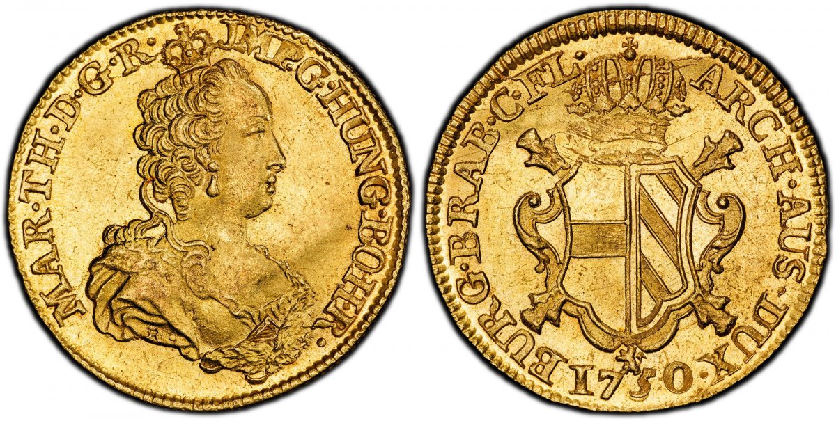 World Coins ("AUSTRIAN NETHERLANDS. Maria Theresa. 1750-(lion) R AV 2 Souverain dOr. PCGS MS63. By Jacques Roëttiers. Bruges. 27mm. 11.12gm. Crowned bust right / Crowned arms with mm and date below. KM 11; Delmonte 569; VH 807.
Superb and exceptional.
Please use t)