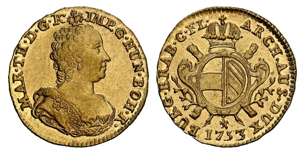 World Coins ("AUSTRIAN NETHERLANDS. Maria Theresa. 1753-(lion) R AV Souverain dOr. NGC AU58. By Jacques Roëttiers. Bruges. 5.56gm. MAR · TH · D: G · R · IMP · G · HUN · BOH · R ·. Bust with décolletage right / Crowned arms. KM 17; Delmonte 571; VH 810.
Please use t)