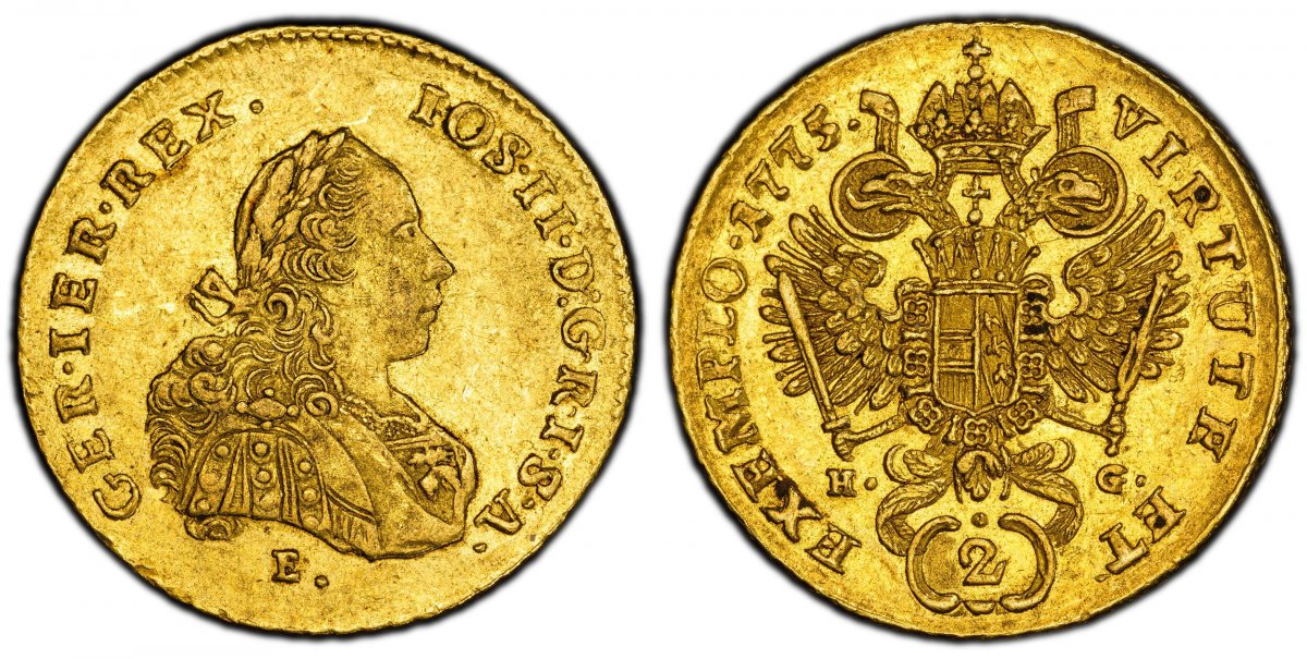 World Coins ("TRANSYLVANIA. Joseph II. 1775-E H-G AV 2 Ducats. PCGS AU55.  6.95gm. IOS · II · D · G · R · I · S · A · GER · IER · REX ·. Bust right / VIRTUTE · ET EXEMPLO ·. Crowned imperial double eagle, value encircled below. KM 1860; Fr.-191; Herinek 12; Huszar 183)