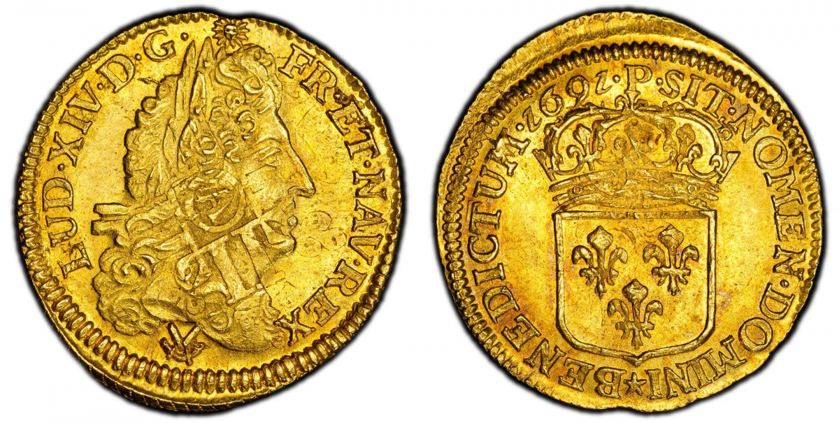 World Coins ("FRANCE. Louis XIV. (King, 1643-1715). 1691-P AV 1/2 Louis dOr. PCGS MS63. Dijon. 3.35gm. Older laureate head of Louis XIV right / Crowned arms, mint mark above, date in legend. KM 277.1; Duplessy 1436A; Gad.-239.
Reformation coinage (Struck over a 1/2)
