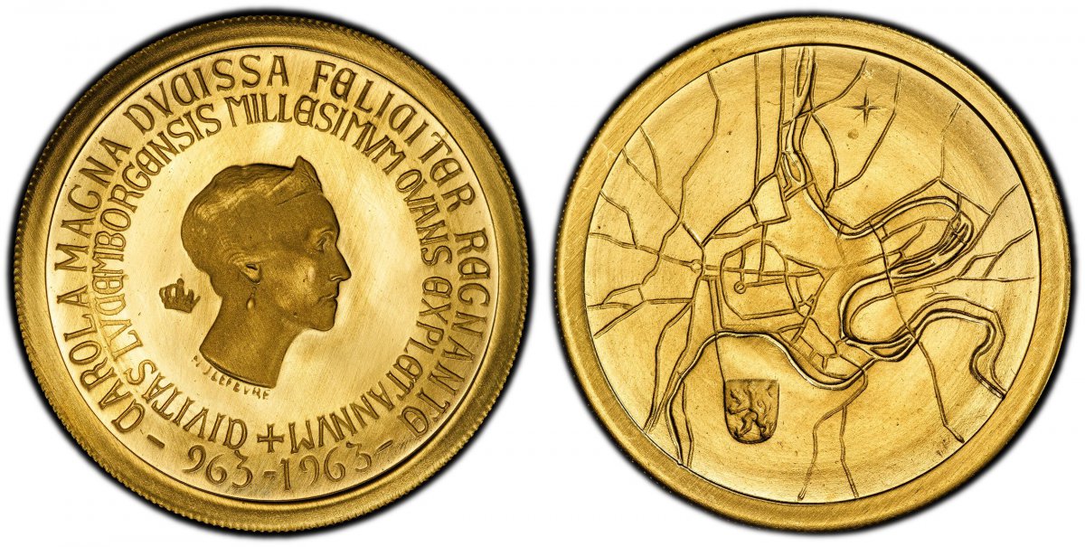 World Coins ("LUXEMBOURG. Charlotte. (Queen, 1919-1964). -1963 AV Essai 250 Francs. PCGS SP68.  By Nina & Julien Lefèvre. Brussels. Edge: Milled. CAROLA MAGNA DVCISSA FELICITER REGNANTE / 963 - 1963// + CIVITAS LVCEMBORGENSIS MILLESIMVM OVANS EXPLECTANNVM. Head right )