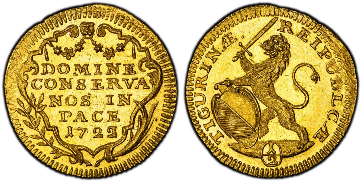 World Coins ("SWISS CANTONS. Zurich. 1723 AV 1/2 Ducat. PCGS MS64.  1.73gm. RESPUBLICÆ TICURINÆ ·. Oval arms of Zurich supported by rampant lion at right / DOMINE / CONSERVA / NOS IN / PACE ·. Inscription, date within ornamented cartouche. KM 139; Fr.-487a; D.T. 411f;)