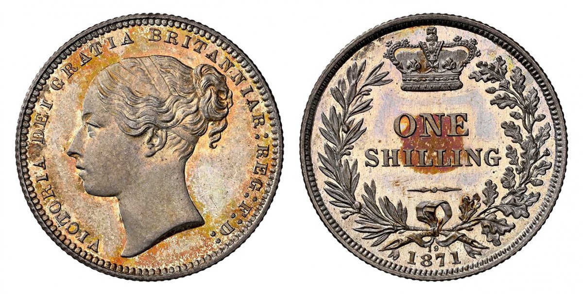 World Coins ("GREAT BRITAIN. Victoria. (Queen, 1837-1901). 1871 AR Shilling. NGC PR66 .  Edge: Reeded. VICTORIA DEI GRATIA BRITANNIAR: REG: F:D:. Low relief / Crown above denomination within wreath. KM 734.2. Proof; SCBC-3906A; ESC-3040 Variant (Prov. ESC-1322).

With)