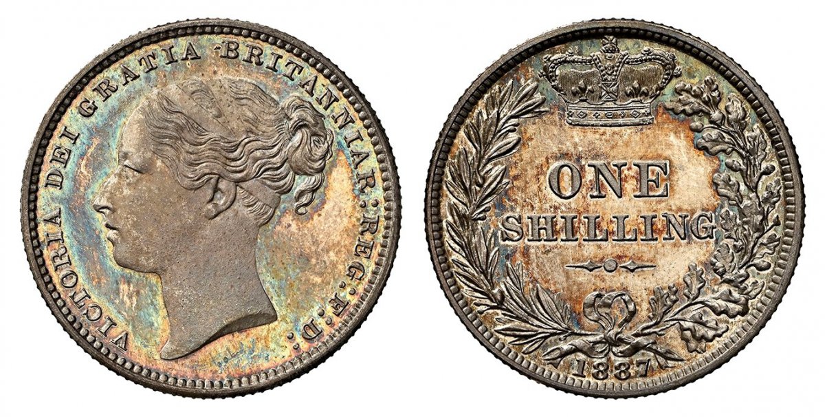 World Coins ("GREAT BRITAIN. Victoria. (Queen, 1837-1901). 1887 AR Shilling. NGC PR66+.  Edge: Reeded. VICTORIA DEI GRATIA BRITANNIAR: REG: F:D:. Head left / Crown above denomination within wreath. KM 734.4. Proof; SCBC-3907; ESC-3081 (R5)(Prev. ESC-1350).
Purchased f)