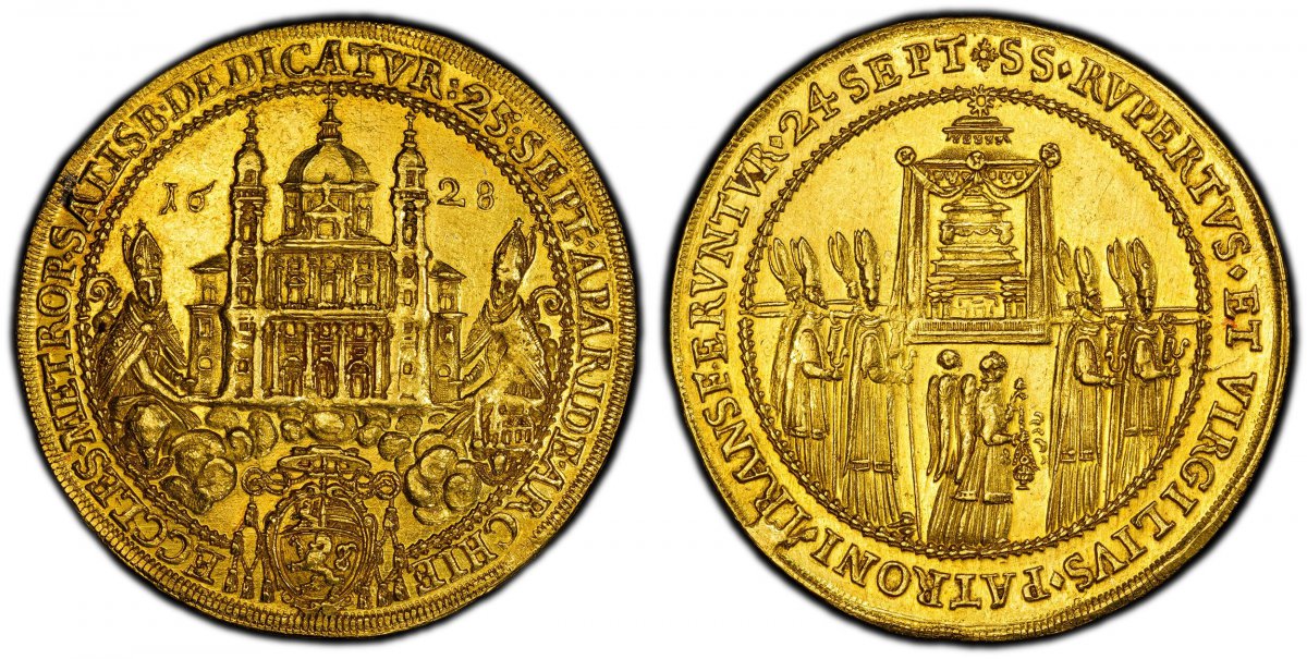 World Coins ("AUSTRIAN STATES. Salzburg. Paris von Lodron. (Prince-Archbishop, 1619-1653). 1628 AV 8 Ducats. PCGS MS62. 27.73gm. ECCLES METROP SALISB DEDICATVR 25 SEPT APARIDE ARCHIE. Cathedral divides date with saints at sides in inner circle, arms below / S S RVDBE)