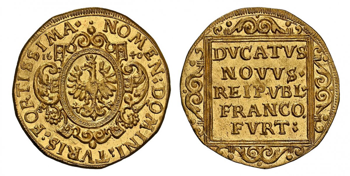 World Coins ("GERMAN STATES. Frankfurt Am Main. 1640 AM (a) AV Ducat. NGC MS67.  3.44gm. Eagle in oval shield / Inscription within square. KM 85; Fr.-972; Joseph/Fellner 433e.
Ex The Traveller Collection (not noted on insert). 

Please use this link to verify the NGC )
