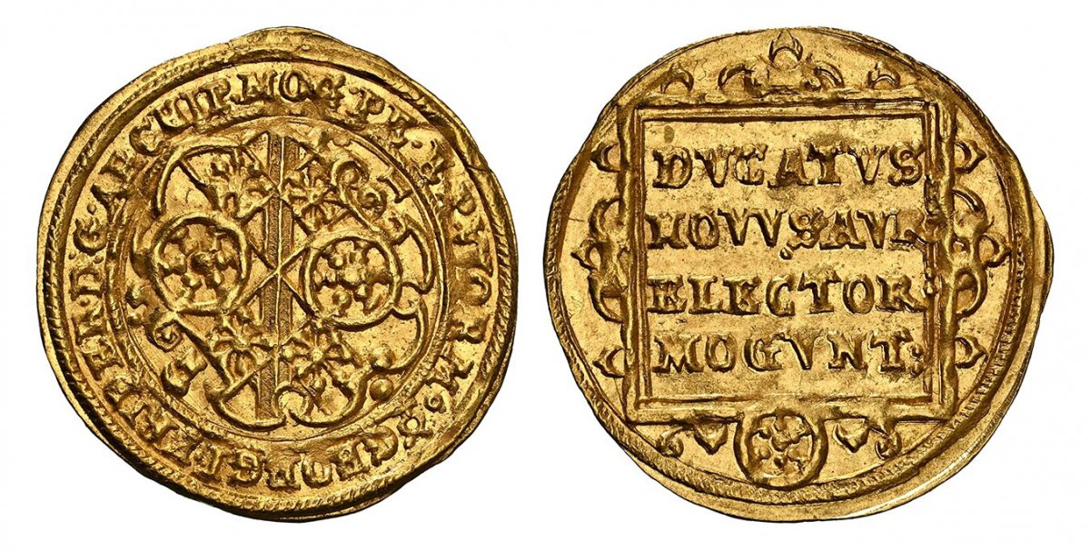 World Coins ("GERMAN STATES. Mainz. 1629 DA (Daniel Ayrer, mintmaster) AV Ducat. NGC MS64.  3.42gm. GEORGI FRIDER D G ARCHIP MOG PE EP WORM. Arms in inner circle / DVCATVS / NOVVS AVR / ELECTOR / MOGVNT. Arms in inner circle. KM 42 (1629 Ducat); Fr.-1641; Walther coll)