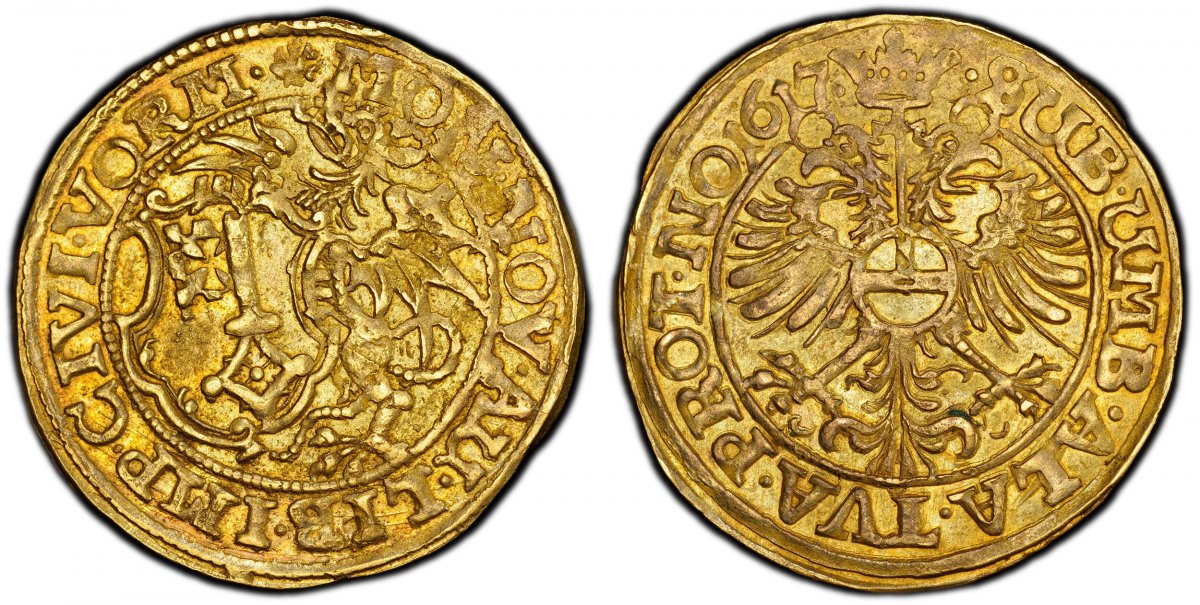 World Coins ("GERMAN STATES. Worms. 1617 AV Goldgulden. PCGS AU55.  3.18gm. MON NOV AU LIB IMP CIVI VORM. Dragon holding arms at left / SUB UMB ALA TVA PROT NO 1617. Crowned imperial eagle. KM 49; Fr.-3536; Joseph 315b.
Privately purchased from Schulman on Huly 25, 19)