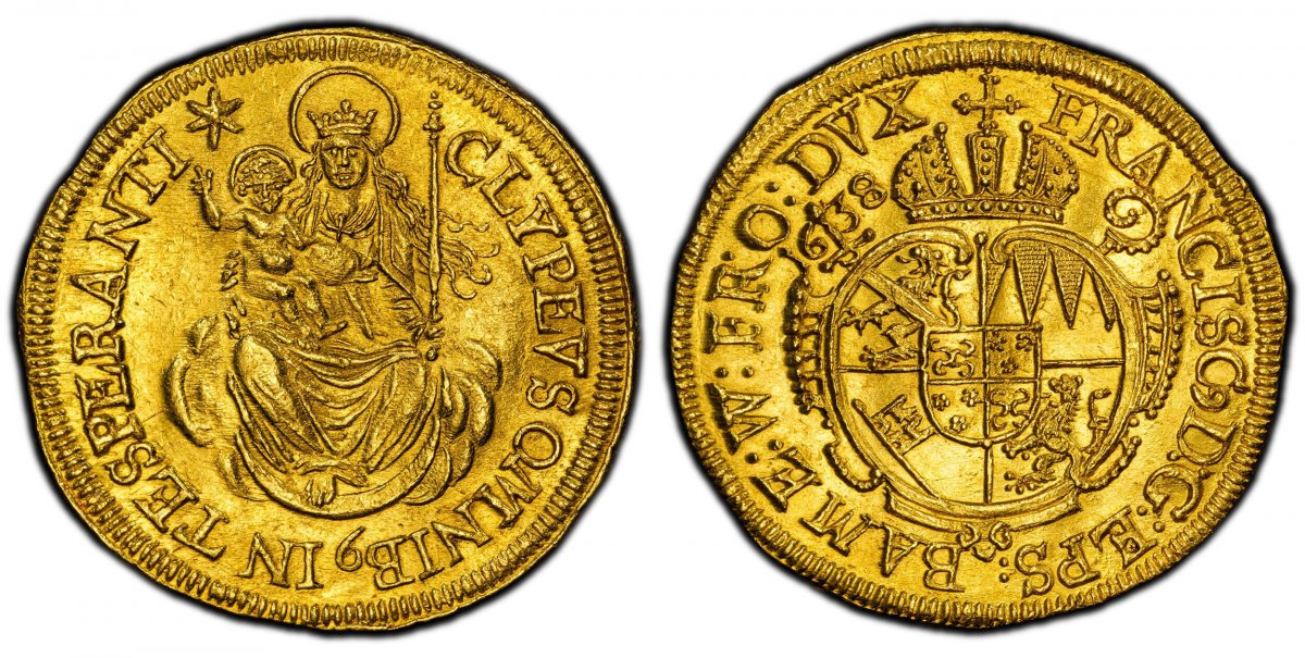 World Coins ("GERMAN STATES. Bamberg. Franz von Hatzfeld. (Prince-Bishop of Würzburg, 1631-1642 and Prince-Bishop of Bamberg, 1633-1642). 1638 Johann Christoph Lauer (mintmaster) AV Ducat. PCGS MS64.  Nürnberg mint. 3.40gm. FRANCISC9 D G EPS BAM E W FR O DVX. Crowned )