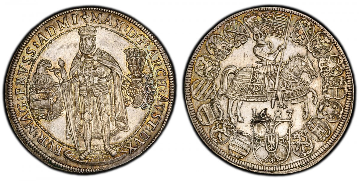 World Coins ("GERMAN STATES. Teutonic Order. Maximilian. 1603 AR Thaler, 32 Groschen. PCGS AU58.  Hall. 28.40gm. Master standing on ground, arms at left, helmet at right / Emperor on horseback in circle of shields, date below. KM 3; Dav.-5848; Moser & Tursky 366; Prok)