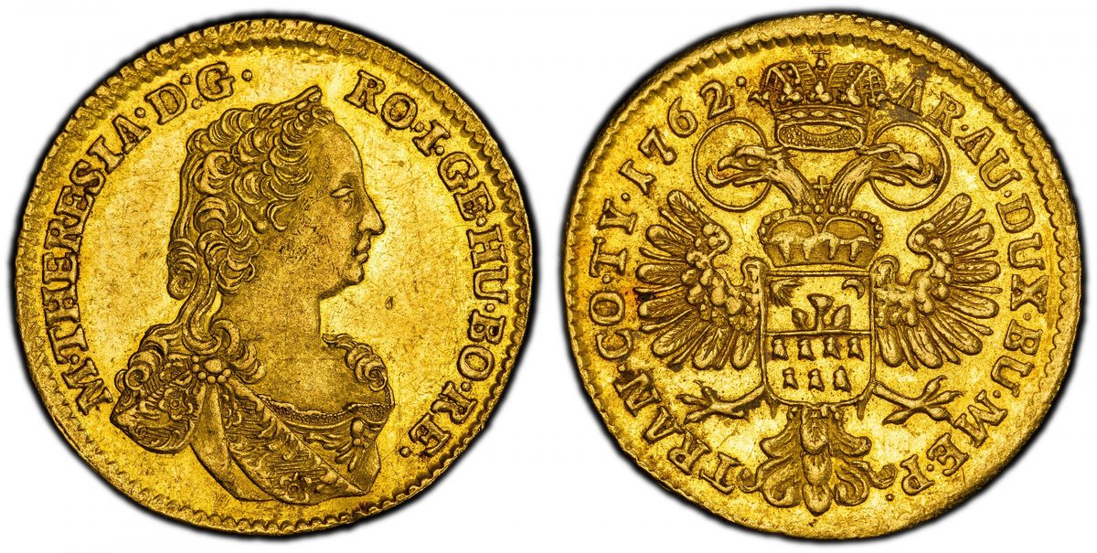 World Coins ("TRANSYLVANIA. Maria Theresia. (Holy Roman Empress, 1740-1780) . 1762 AV Ducat. PCGS MS61.  Karlsburg. 3.49gm. M · THERESIA · D : G · ... Bust of Maria Theresa right / TRAN · CO · TY · 1763 AR · AU · DUX · BU · ME · P ·. Crowned arms on breast of crowned )