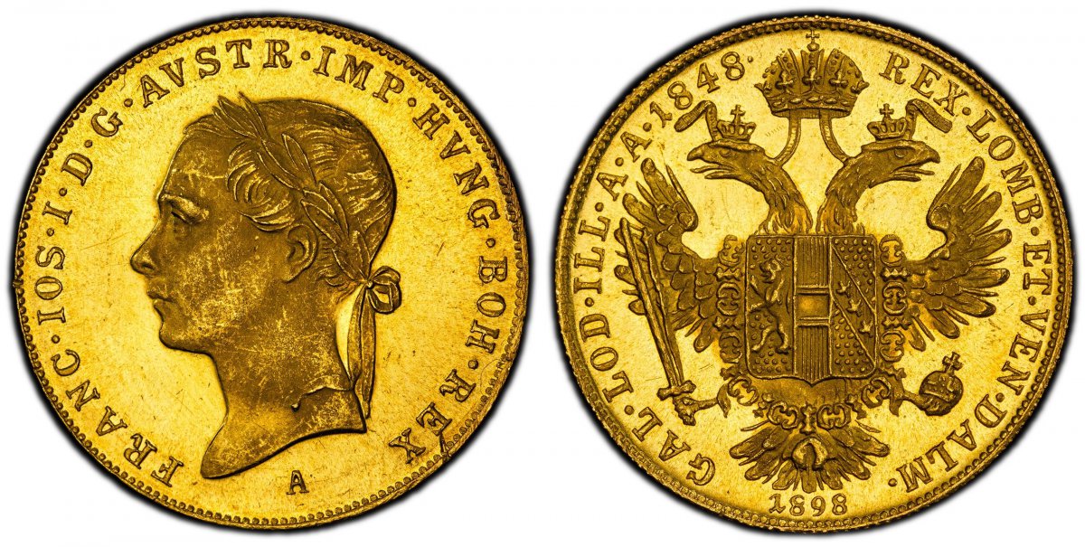 World Coins ("AUSTRIA. Franz Joseph I. (Emperor, 1848-1916). 1848/1898-A AV Ducat. PCGS MS65. Vienna. 3.49gm. Laureate head left / Second date below eagle. KM 2268; Fr.-489; Herinek 71.
For the Jubilee upon his 50th year of Reign.
Please use this link to verify the)