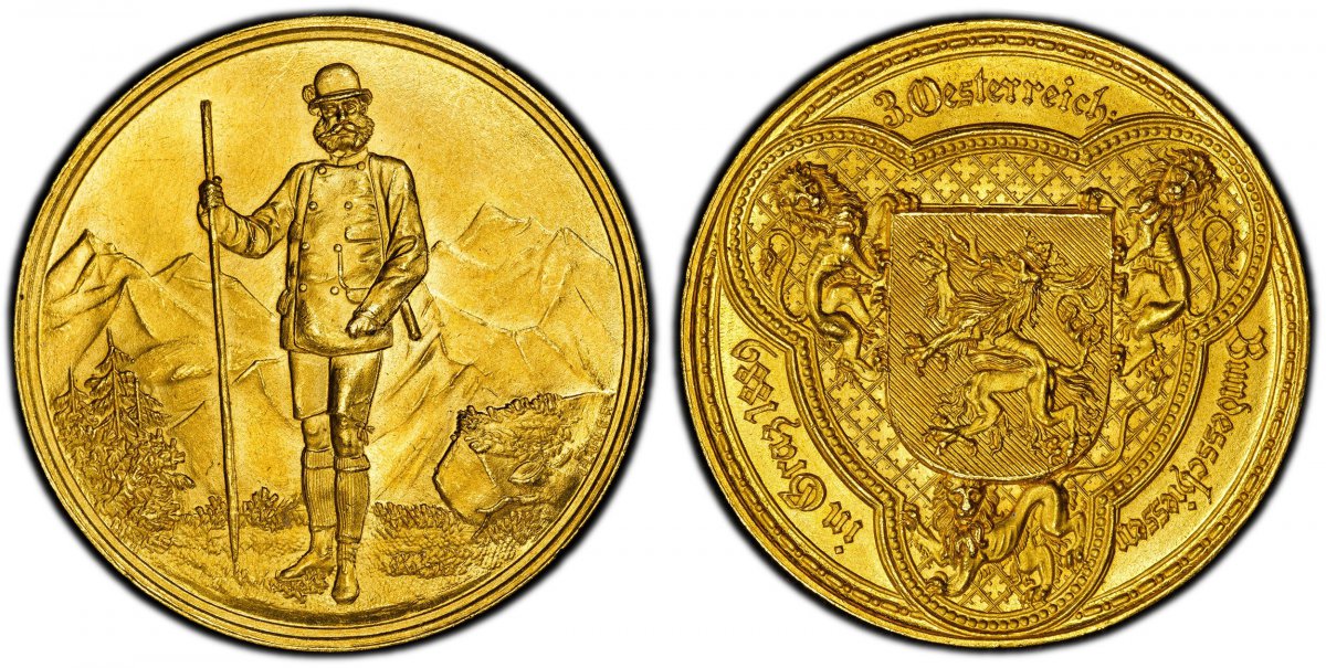 World Coins ("AUSTRIA. Franz Joseph I. 1889 AV Medallic 4 Ducats (Shooting Medal). PCGS MS65. By Jauner. Edge: Plain. 36mm. 13.70gm. Emperor Franz Joseph I standing in hunting garb in mountain landscape / Shield of Styria, supported by lions. Hauser-5156; Frühwald 19)