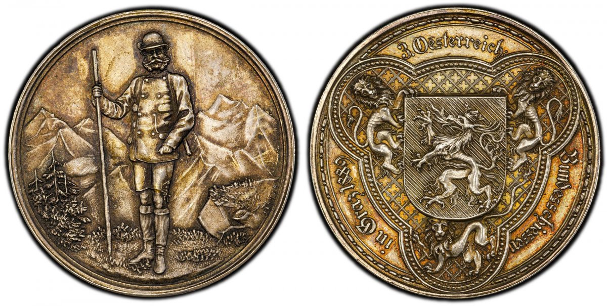 World Coins ("AUSTRIA. Franz Joseph I. 1889 AR Medallic 2 Gulden (Shooting Medal). PCGS SP62. By Jauner. Edge: (Diana head) (JC). 36mm. 25.76gm. Emperor Franz Joseph I standing in hunting garb in mountain landscape / Shield of Styria, supported by lions. Hauser 5156;)