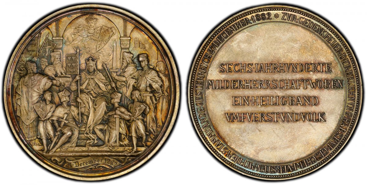 World Coins ("AUSTRIA. Franz Joseph I. 1882 AR Medal. PCGS SP64. Vienna. Edge: (A). 61mm. 97.12gm. Depiction of the investiture by Emperor Rudolf I to his sons Albrecht and Rudolf / Plain field with four-line inscription; legend around. Hauser 1687; Wurzbach 6926.
F)