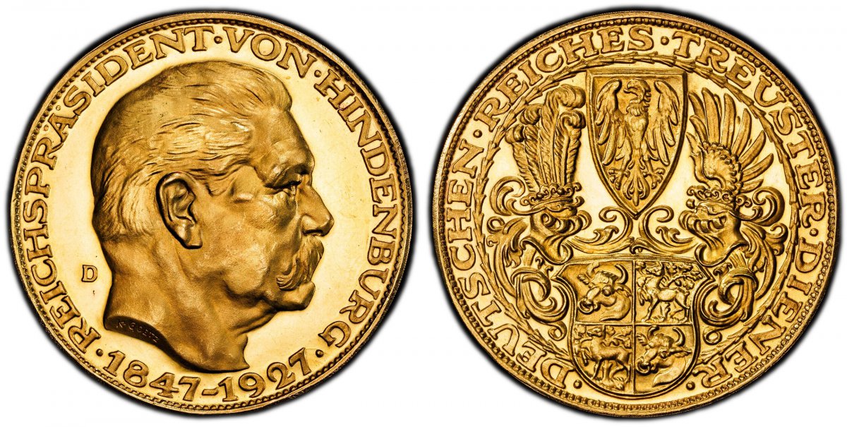 World Coins ("GERMANY, WEIMAR REPUBLIC. Munich. 1927-D AV Medallic 5 Mark. PCGS SP64.  By Karl Goetz. Munich. Edge: BAYER . HAUPTMÜNZAMT (•) 900 f. 22.83gm. REICHPRASIDENT • VON • HINDENBURG • (1847-1927) •. Bust of von Hindenburg, right /  • DEUTSCHEN • REICHES • TRE)