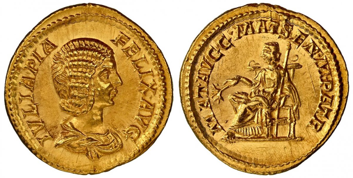 World Coins ("ROMAN IMPERIAL.  Julia Domna. (Wife of Septimus Severus, 193-217 AD). Struck 211-217 AD. AV Aureus. NGC Ch. AU (Choice About Uncirculated) Strike 5/5 Surface 5/5.  7.22gm. IVLIAPIA – FELIX AVG. Draped bust, right / MAT AVGG MATSEN M PATR. The Empress sea)