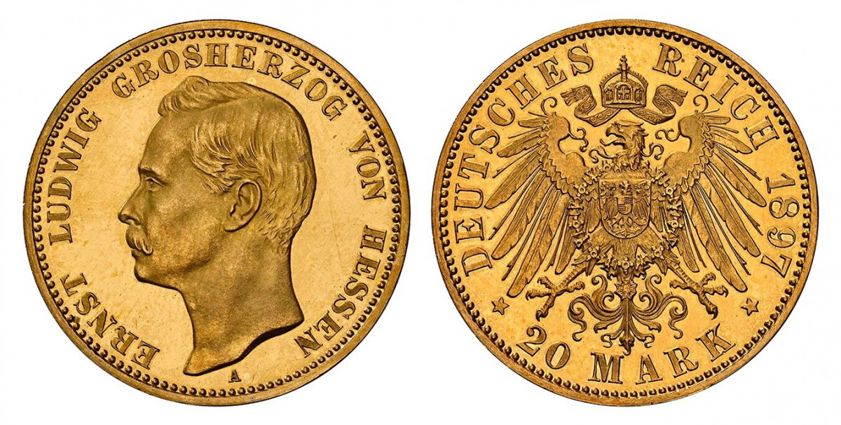 World Coins ("GERMAN STATES. Hesse-Darmstadt. Ernst Ludwig. 1897-A AV 20 Mark. NGC PR67 Cameo.  Berlin. Edge: GOTT MIT UNS. ERNST LUDWIG GROSHERZOG VON HESSEN. Head left / DEUTSCHES REICH (date), 20 MARK below. Crowned imperial eagle, shield on breast. KM 371. Proof.
)
