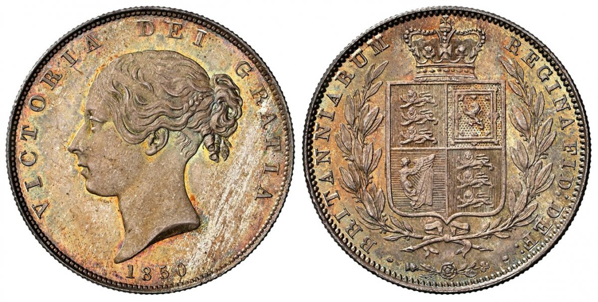 World Coins ("GREAT BRITAIN. Victoria. (Queen, 1837-901). 1850 AR Halfcrown. NGC MS67.  VICTORIA DEI GRATIA. Head left / BRITANNIARUM REGINA FID: DEF:. Crowned arms within branches. KM 740; SCBC-3888.

Currently the finest known as of January 2026
Ex. St. Jamess Auct)