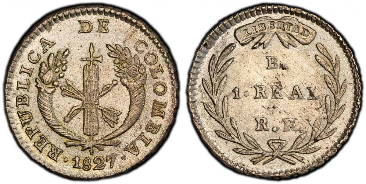 World Coins ("COLOMBIA. 1827-B RR AR Real. PCGS MS63. Bogota. 20mm. 2.69gm. · REPUBLICA DE COLOMBIA ·. Fasces between cornucopias / Denomination within wreath. KM 87.1; Restrepo 153.2.
Please use this link to verify the PCGS certification number <a href=""http://www)