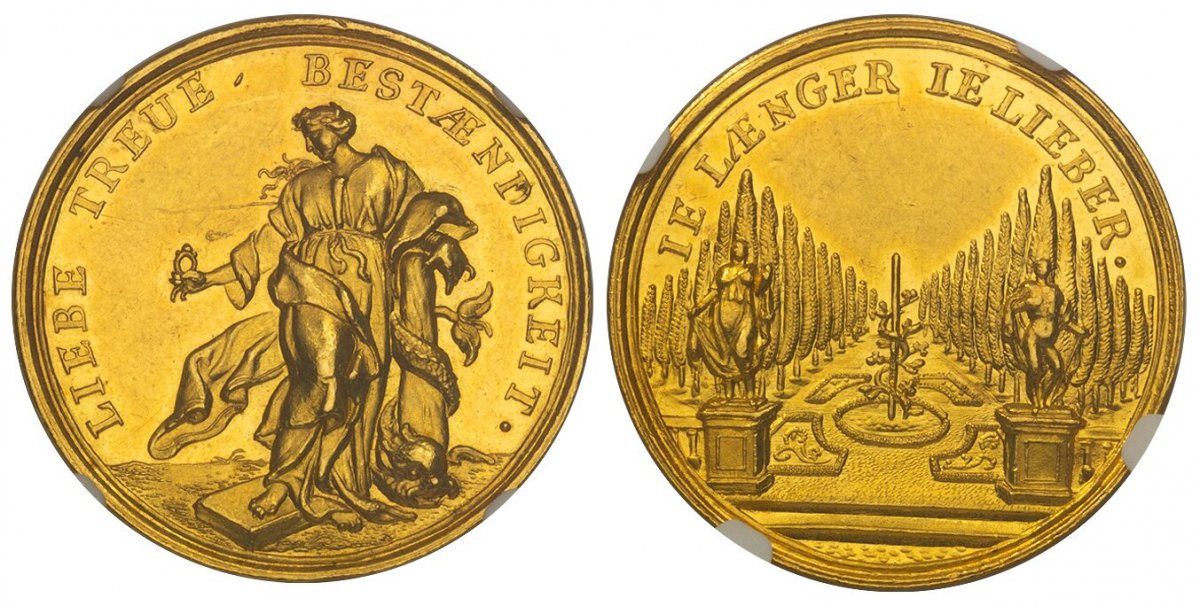 World Coins ("GERMAN STATES. (c.18th Century) ND AV Medal of 3 Ducats Weight. NGC MS61.  32mm. 10.37gm. LIEBE TREUE BESTAENDIGKEIT • (Love, Loyalty, Continuity). Woman standing with a wedding ring, resting her foot on a solid slab over uneven ground; a sea serpent coi)