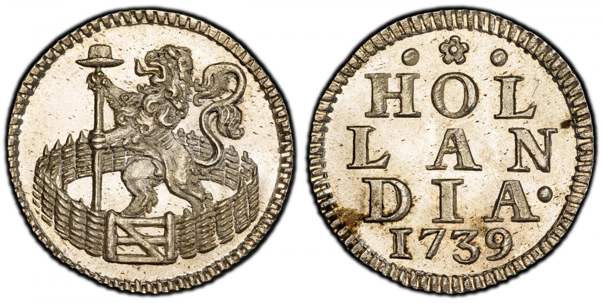 World Coins ("NETHERLANDS. Holland. 1739 AR Duit. PCGS MS65.  Standing lion holding spear within closed ""Dutch"" garden / HOL/ LAN/ DIA / date. Inscription above date. KM 80a; Verkade 57.6; CNM 2.28.126; CNM.2.28.126.

Please use this link to verify the PCGS certific)