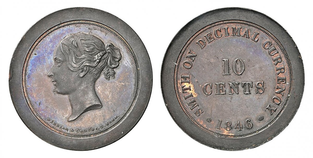 World Coins ("GREAT BRITAIN. Victoria. (Queen, 1837-1901). 1846 CU Smiths Decimal Pattern Restrike Ten Cents. NGC PR62BN (Brown).  By Marrian and Gausby, Birmingham. Young bust, left; signed below truncation / SMITH ON DECIMAL CURRENCY * (date) *. Value at center, da)