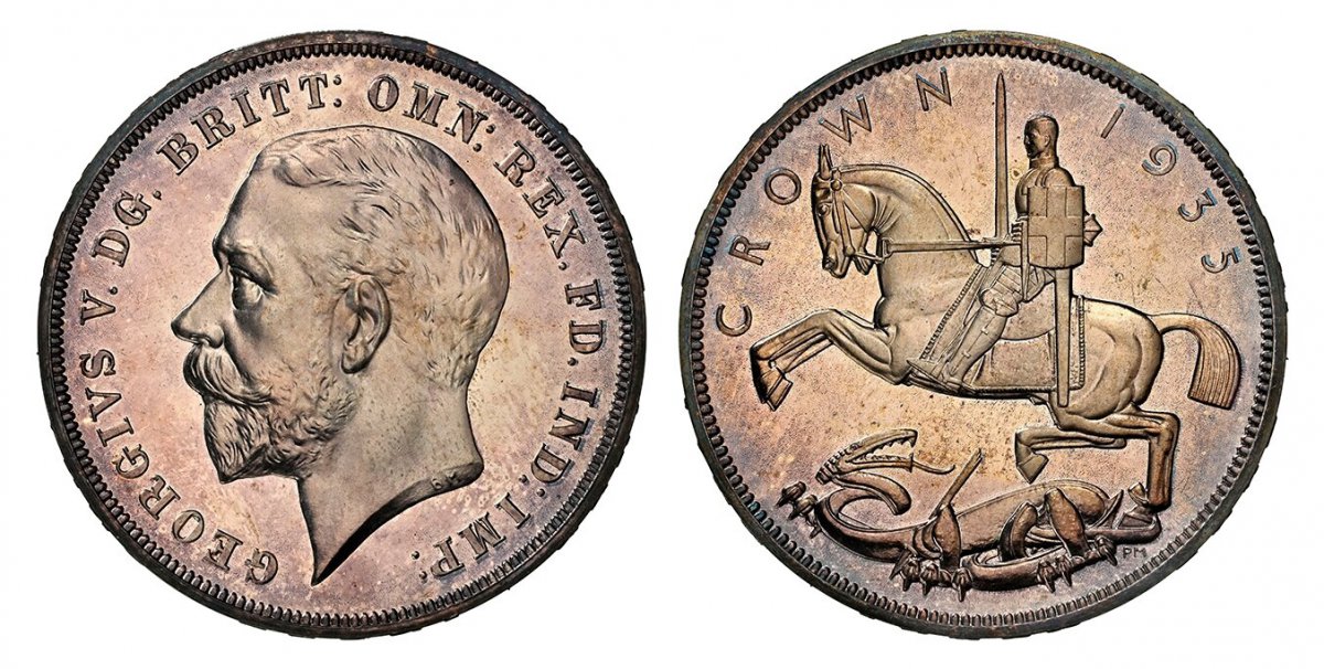 World Coins ("GREAT BRITAIN. George V. (King, 1910-1936). 1935 AR Crown. NGC PR65 Cameo.  Edge: Raised edge lettering. Head left / St. George slaying the dragon. KM 842. Proof. Raised edge lettering; SCBC-4050; ESC-3655 (Prev. ESC-378); Dav.-111.

Silver Jubilee. Obve)