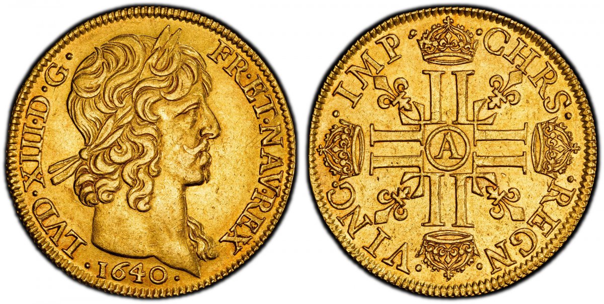 World Coins ("FRANCE. Louis XIII. 1640-A AV 2 Louis dOr. PCGS AU58. Paris. 13.42gm. · LVDO · XIII · D · G ·.... Large head / CHRS - REGN - VINC - IMP. Crusiform of LLs; mintmark in center circle. KM 109; Gad.-59; Dr.-16; Clairand 32009.
Please use this link to veri)