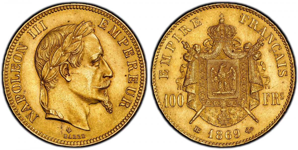 World Coins ("FRANCE. Napoleon III. (Emperor, 1842-1870). 1869-BB AV 100 Francs. PCGS MS63.  Strasbourg. Edge: DIEU PROTEGE LA FRANCE. 32.25gm. NAPOLEON III EMPEREUR. Laureate head right / EMPIRE FRANCAIS. Crowned and mantled arms divide denomination. KM 802.1; Fr.-58)